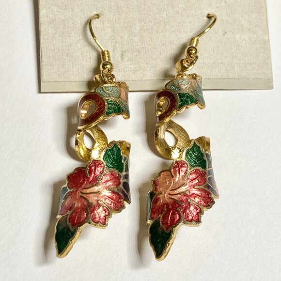 Vintage Cloisonne Hibiscus Flower Earrings Hawaiian Red Floral Enamel Gold Tone - Picture 3 of 11